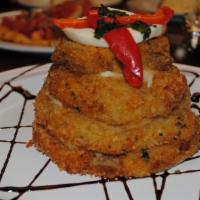 Eggplant Tower · Breaded Eggplant Stacked with Fresh Mozerella, topped with glazed balsamic and extra virgin ...