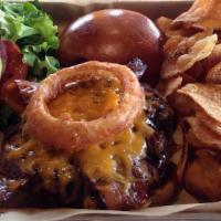 Smokehouse Burger · 1/2lb Angus Burger topped with Honey Q, Crispy Onion Ring, Applewood Smoked Bacon & Cheddar ...
