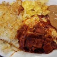 Chilaquiles · All breakfast served with hash brown and beans.
