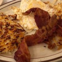 Eggs & Bacon · All breakfast served with hash brown and beans.