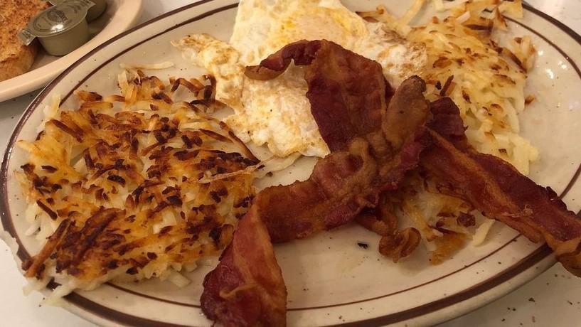 Eggs & Bacon · All breakfast served with hash brown and beans.