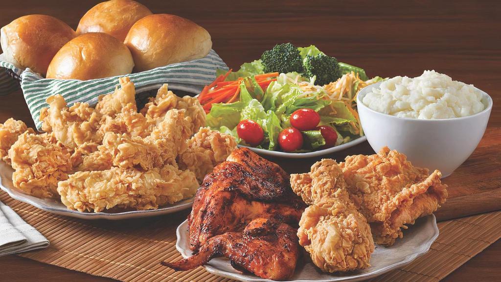 Spring Sampler · 10 tenders (gravy or sauce), 4 piece mixed chicken of your choice (fried / roasted / mix & match), 4 rolls, 2 family sides.