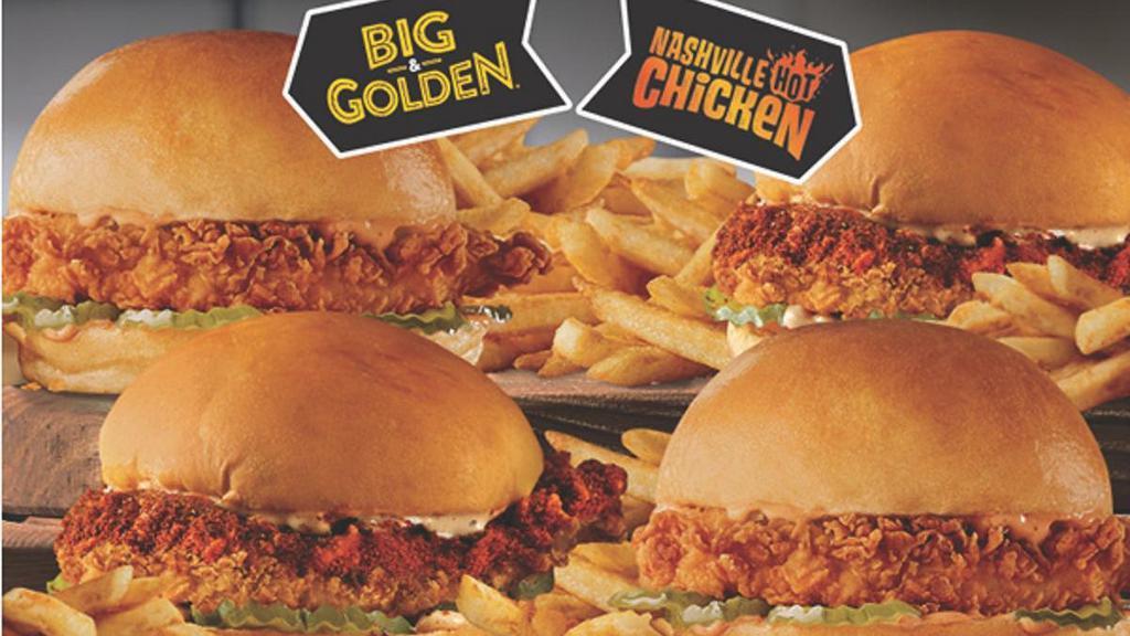 Family 4-Pak · 4 hand-breaded chicken sandwiches and family fries (or other side choice) – Choose any combination of Big & Golden® or Nashville Hot Chicken Sandwiches.