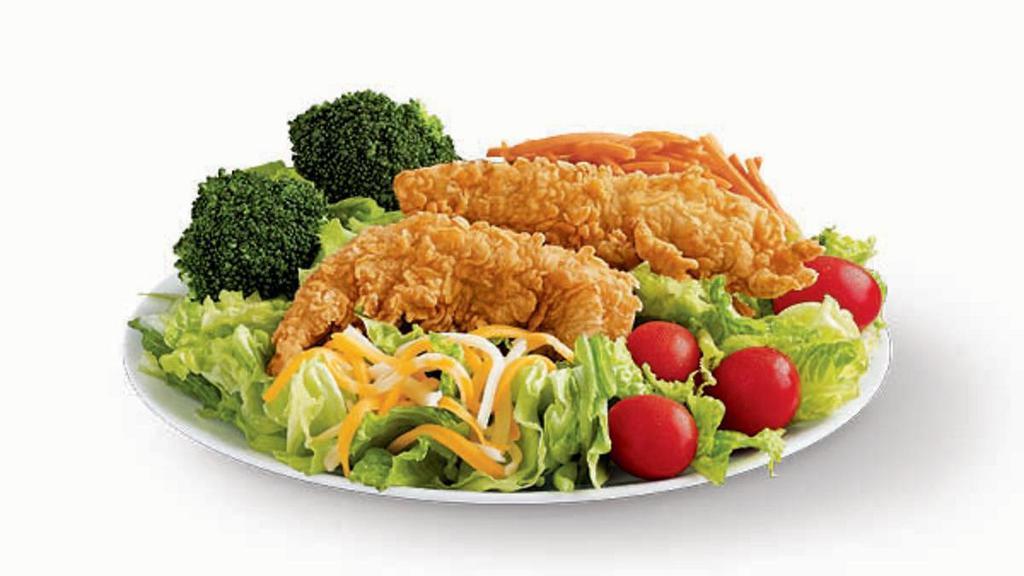 Tender Salad · Two Golden Tenders® Atop A Romaine & Iceberg Blend • Grape Tomatoes • Broccoli • Carrots • Jack & Cheddar Cheese Blend