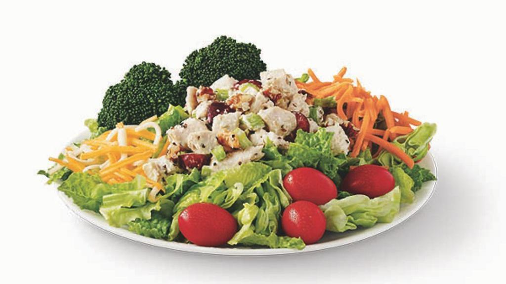 Chicken Salad Salad · Our Gourmet Chicken Atop A Romaine & Iceberg Blend • Grape Tomatoes • Broccoli • Carrots • Jack & Cheddar Cheese Blend.
