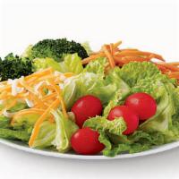 Garden Salad · Romaine & Iceberg Blend • Grape Tomatoes • Broccoli • Carrots • Jack & Cheddar Cheese Blend.