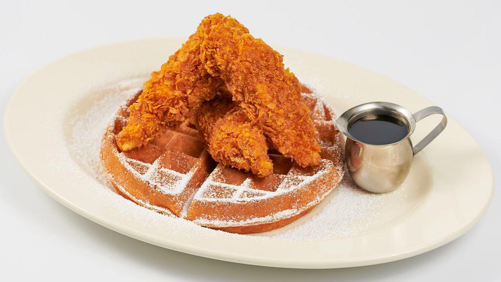 Fried Chicken & Waffles · Our Freshly Made Giant Belgian Waffle Topped with Crunchy Fried Chicken