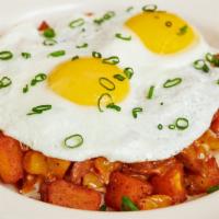 Jambalaya Hash & Eggs · Spicy Cajun Andouille Sausage Sautéed with Tomatoes, Peppers, Onion and Potatoes in a Spicy ...