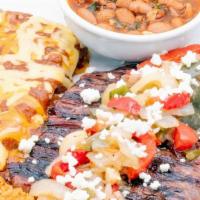 Steak & Enchilada Dinner · Carne asada*, sautéed veggies, cotija cheese with two cheese & onion enchiladas with salsa c...