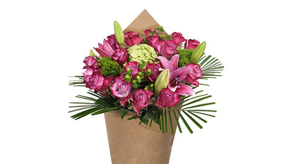 Bloom Haus 18 Plus Rose Bouquet - Lavender · A rose bouquet to dazzle and delight in equal measure! Fresh lavender roses, oriental lilies, hydrangea and garden green accents come hand-wrapped, ready for the special recipient to arrange.
