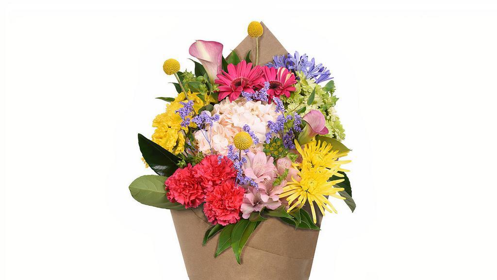 Bloom Haus Euro Bouquet - C · This Euro bouquet's assortment of bright pink, yellow, red and purple offers a range of quintessential summery tones for those who love a good mix of colorful blooms! Bouquet arrives hand-tied and decoratively wrapped, ready to be arranged and displayed.