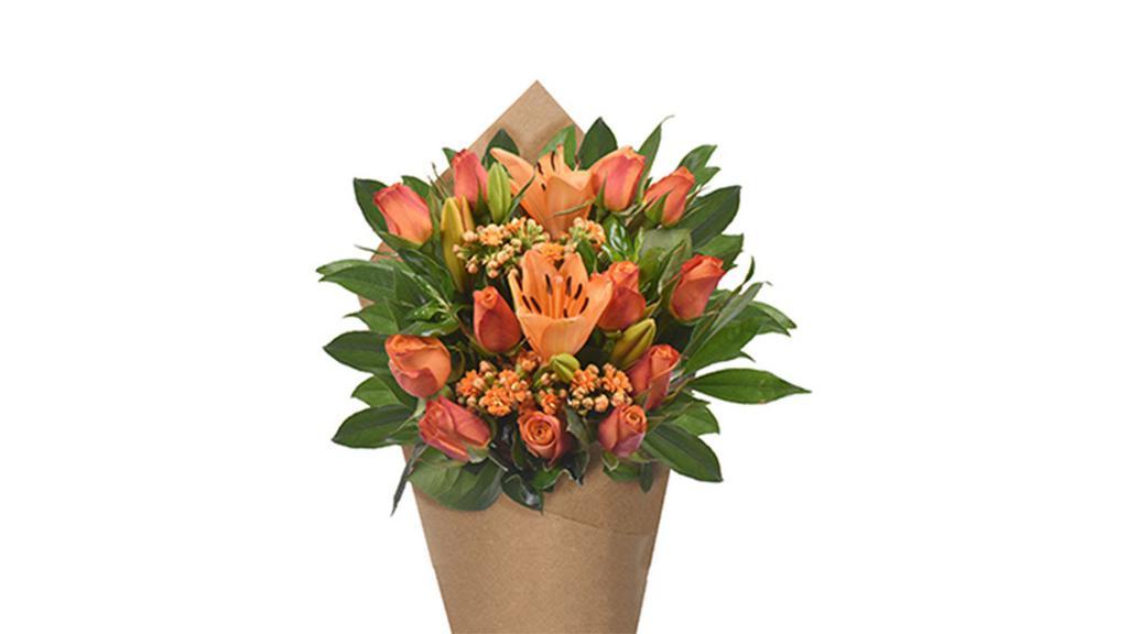Bloom Haus 12 Plus Rose Bouquet - Orange · The bold stems of orange-hued roses symbolize enthusiasm, energy and desire—making them suitable for a myriad of occasions. Paired with stems of vibrant lilies, long-lasting kalanchoe and leafy foliage, this bouquet transitions from presentation to vase in a snap.