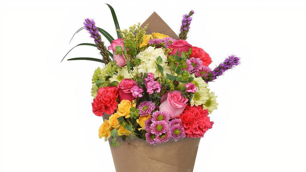 Bloom Haus Lush Bouquet - C · Filled with luxurious blooms in bold red, lush purple and radiant yellow tones, this bouquet of premium flowers manages to capture all of summertime's feel-good vibes. Bouquet arrives decoratively wrapped, ready for the recipient to arrange in their own special way.