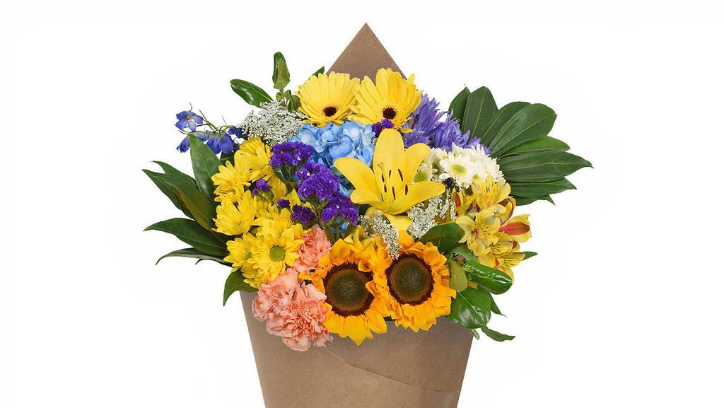 Bloom Haus Euro Bouquet - A · Put a smile on somebody's face for days with this medley of cheerful blooms in vibrant hues, exuding happiness and good energy. Bouquet arrives hand-tied and decoratively wrapped, ready to be arranged and displayed.