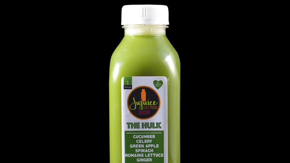 The Hulk · Cucumber, spinach, celery, romaine lettuce, green apple, ginger, lime.
