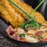 Southmore Fish & Grits · DEEP FRIED FISH FILLET WITH OUR HOUSE CAJUN CREAM WITH CHOPPED SMOKED BEEF SAUSAGE SHAVED LE...