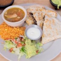 Quesadilla Especial · Large handmade flour or corn tortilla, Monterey jack cheese. Served with rice, charro beans,...