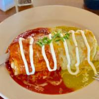 Burrito Jalisco · Large flour tortilla filled with your choice of meat, 1/2 topped with salsa roja, 1/2 topped...