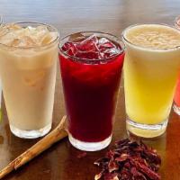 Aguas Frescas · 32 oz. all natural - lemonade, horchata, Jamaica, cantaloupe, mango, pineapple,strawberry li...