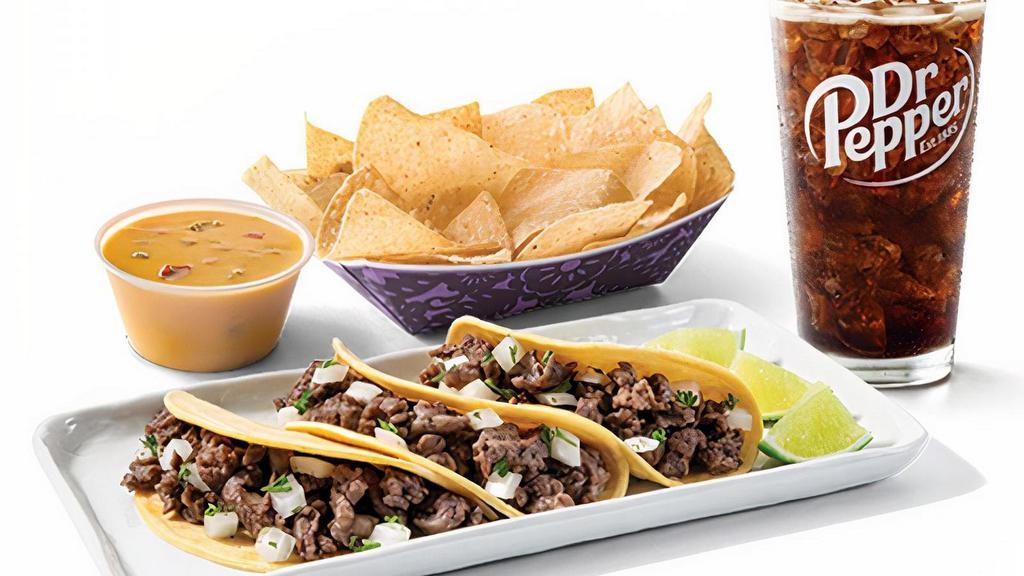Carne Asada Street Tacos Combo · 3 Carne Asada Street Tacos served with chips, queso, and a 20 oz drink.