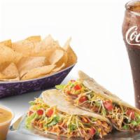 Shredded Chicken Taco Combo · Two Shredded Chicken Tacos, chips & queso and a 20 oz. drink.