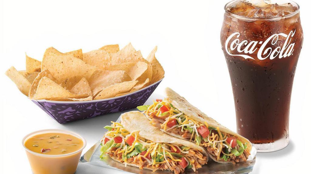 Shredded Chicken Taco Combo · Two Shredded Chicken Tacos, chips & queso and a 20 oz. drink.