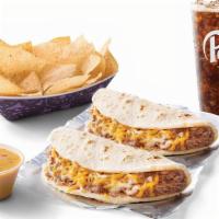 Bean And Cheese Taco Combo · Two Bean & Cheese Tacos, chips & queso and a 20 oz. drink.