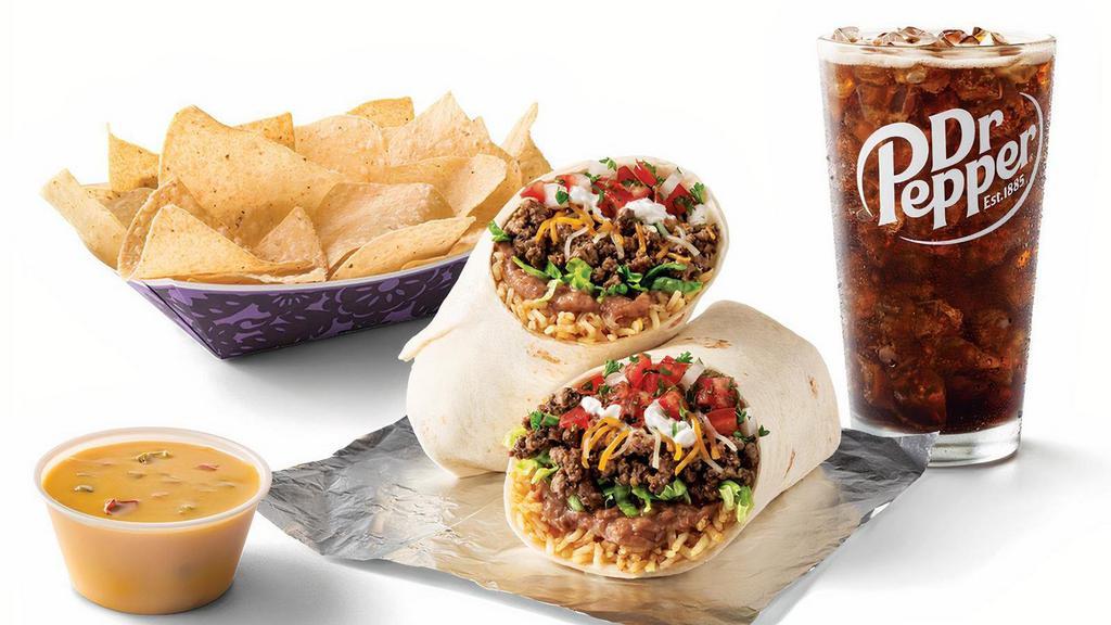 Ground Beef Burrito Combo · One Ground Beef Burrito, chips & queso and a 20 oz. drink.