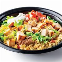 Cabana Bowl™ With No Shell · Served with rice, beans, shredded lettuce, pico de gallo, shredded cheese and sour cream
