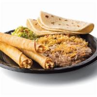 3 Chicken Flautas Plate · (3 Chicken Flautas, rice, choice of beans, shredded lettuce, guacamole & 2 tortillas)