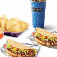 Crispy Beyond Meat® Taco Combo · 2 Beyond Meat® tacos, chips & queso and a 20 oz. drink.