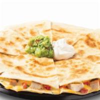 Chicken Fajita Quesadillas · Two flour tortillas filled with melted Jack & Cheddar cheeses & pico de gallo served with a ...