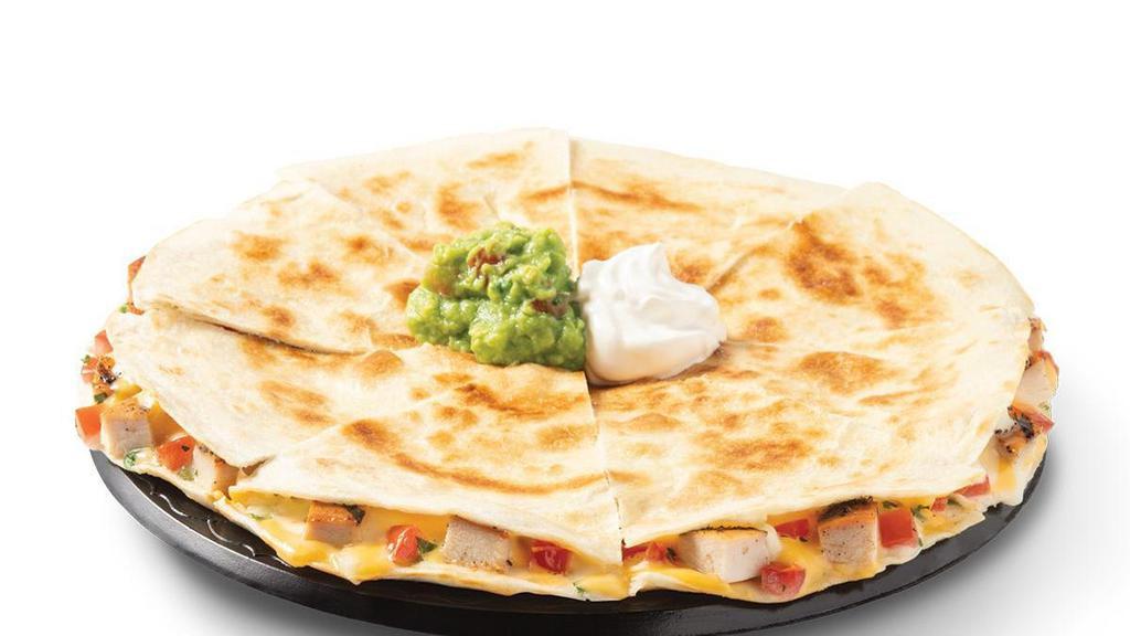 Chicken Fajita Quesadillas · Two flour tortillas filled with melted Jack & Cheddar cheeses & pico de gallo served with a side of sour cream & guacamole