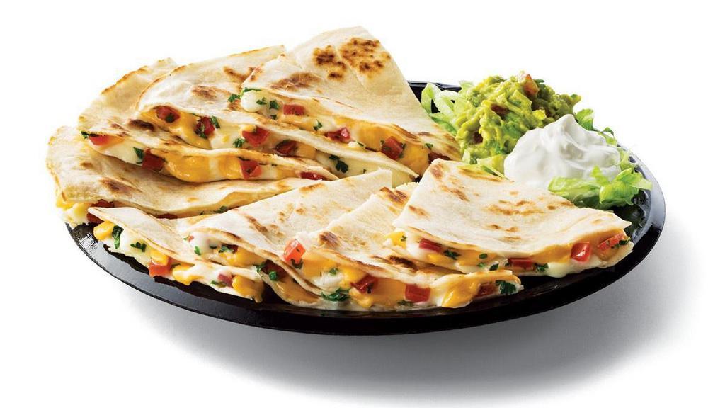 Cheese Quesadillas · Two flour tortillas filled with melted Jack & Cheddar cheeses & pico de gallo served with a side of sour cream & guacamole