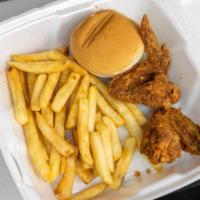 Chicken Wings (2 Pieces) · whole wing, season fries & dinner roll