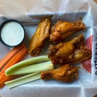 5 Traditional Wings · Bone in wings tossed in your favorite sauce. Served with celery & Carrots. Your choice of dr...