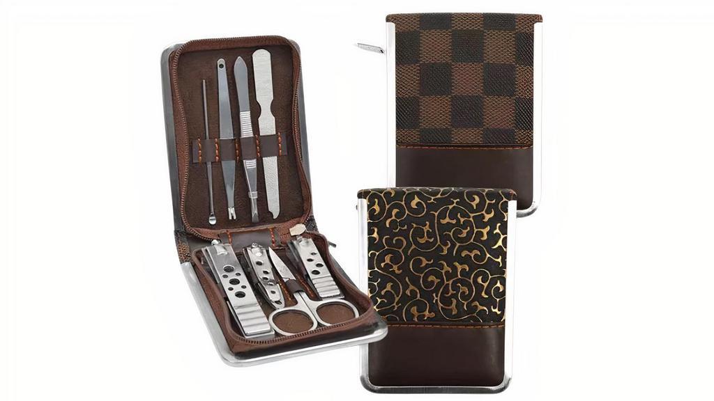 8-Piece Travel Grooming Set - Checker/Floral · With 8 stainless steel nail grooming tools and stylish cases, these manicure sets make great gift for men! Cases feature black and brown padded covers in assorted designs. Tools are snugly secured inside zippered cases. Each manicure set measures 4 inches by 3 inches. Cases have zipper closures. Assorted designs. Each set includes 8 stainless steel nail grooming tools.
