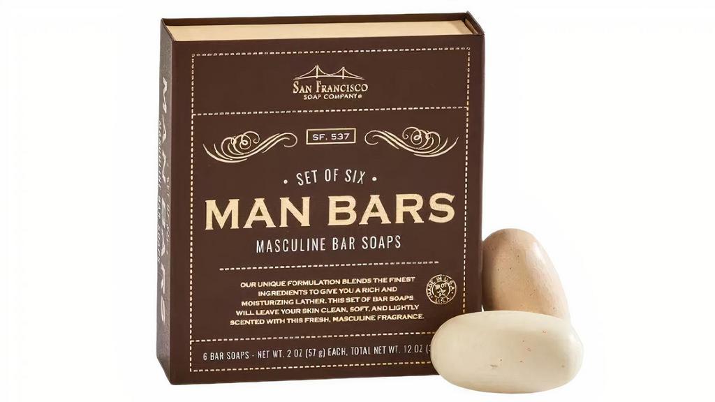 6-Pc Man Bar Gift Set - Assorted Scents · Go ahead and spoil the man in your life - or anyone who delights in fresh, woodsy scents - with this premium triple-milled Man Bar™ by San Francisco Soap Company®. Made with glycerin to be mild and gentle on the skin, this substantial bar soap provides a fresh, masculine scent with plenty of lather. Perfect for gifting. Six 2-ounce bars. Sold in increments of 6. Assorted scents. Made with glycerin. Fresh, masculine fragrance. Packaged in a chic, sturdy folding box with magnetic closure. A fun and functional gift! Cruelty free - no animal testing. Mineral-oil free. Gluten free. Paraben free. A great stocking stuffer or gift for any occasion!