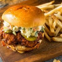 Halal Chipotle Chicken Sandwich · 2 Hot Halal Chicken Tenders served on sweet Hawaiian buns with pickles, coleslaw, cheese and...