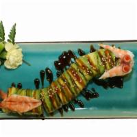 Caterpillar Roll · Eel, avocado, and shrimp decoration.