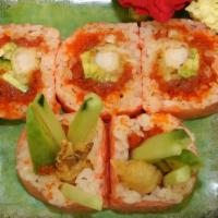 Crazy Roll · Spicy tuna, shrimp tempura, avocado and cucumber. soy paper.