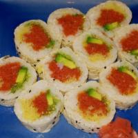 Spicy Boy Roll · Spicy tuna, crunch, avocado, wasabi, tobiko, soybean paper.