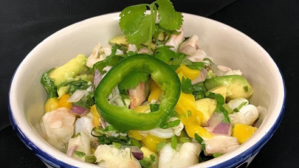 Ceviche · Shrimp, striped bass, citrus juice, marinade, mango, avocado, red onion, cilantro.

Consuming raw or undercooked meats, poultry, seafood, shellfish or eggs may increase your risk of foodborne illness.