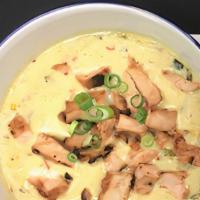 Roasted Corn Bisque · Grilled chicken, corn, poblano, bacon, sherry wine.