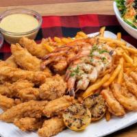 Chicken & Shrimp Combo ~ Party Pack · your choice of crispy, grilled, or blackened chicken & shrimp · cocktail sauce · poblano hon...