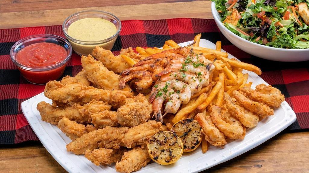 Chicken & Shrimp Combo ~ Party Pack · your choice of crispy, grilled, or blackened chicken & shrimp · cocktail sauce · poblano honey mustard · choice of four individual sides · family size House Salad · six dinner rolls with butter · feeds a party of 4
