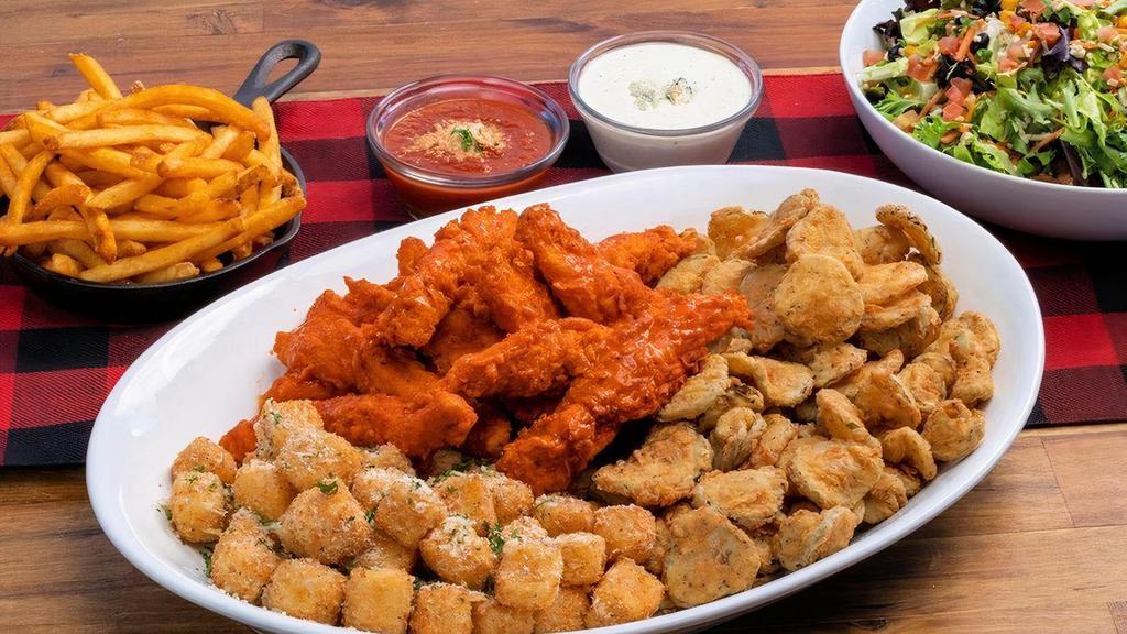 Peaks Sampler ~ Family Size · fried pickles · buffalo tenders · mozzarella bites · ranch · blue cheese · marinara · feeds a party of 4
