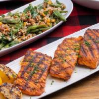 Chargrilled Salmon ~ Party Pack · four chargrilled salmon filets · chipotle butter · choice of four individual sides · family ...