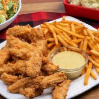 Chicken Tenders ~ Party Pack · beer battered chicken tenders · poblano honey mustard · choice of four individual sides · fa...