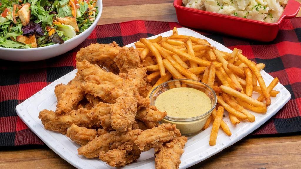Chicken Tenders ~ Party Pack · beer battered chicken tenders · poblano honey mustard · choice of four individual sides · family size House Salad · six dinner rolls with butter · feeds a party of 4